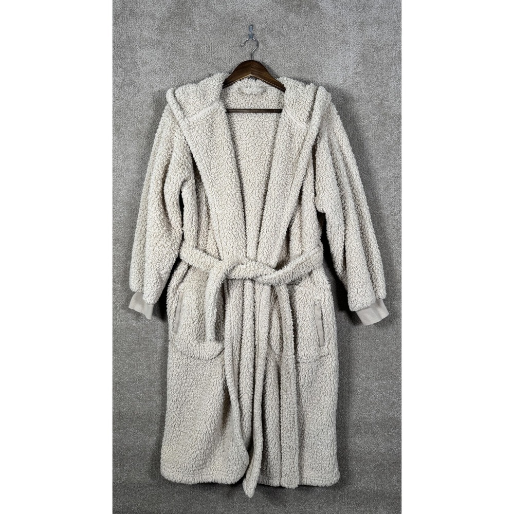 Pottery Barn Robe‎ Womens One Size Beige Sherpa Fleece Hooded Belted Lounge